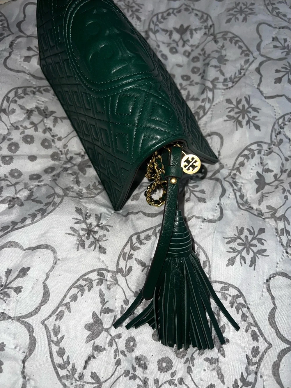 Tory Burch Dark Green Quilted Tassel Wristlet